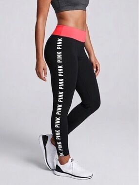 PINK Victoria's Secret Black & Red Fold-Over Waist Leggings